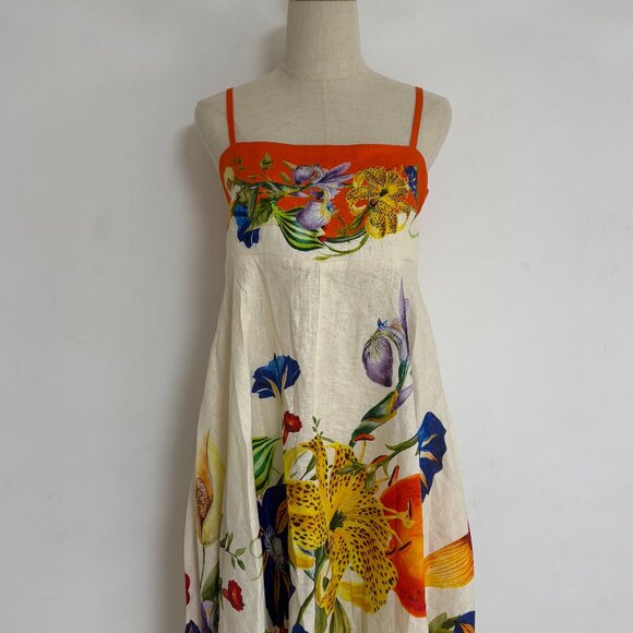 Alemais Pomegranate Floral Print Square-Neck Linen Midi Dress - Picture 4 of 11